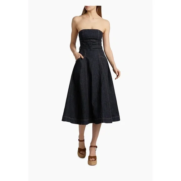 Self-Portrait Indigo Denim Bandeau Midi Dress Belted Dark Wash US 4 - Picture 1 of 11